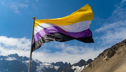 non-binary flag flies against the blue sky, lgbt pride month
