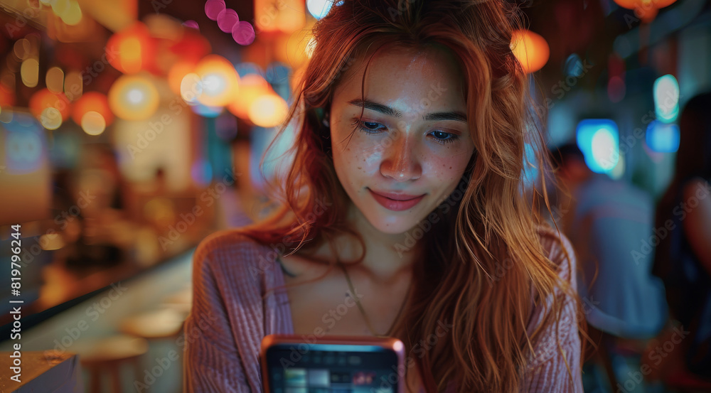 Poster a woman in a bustling cafe joins a video meeting on her smartphone. the background blurs into colorf