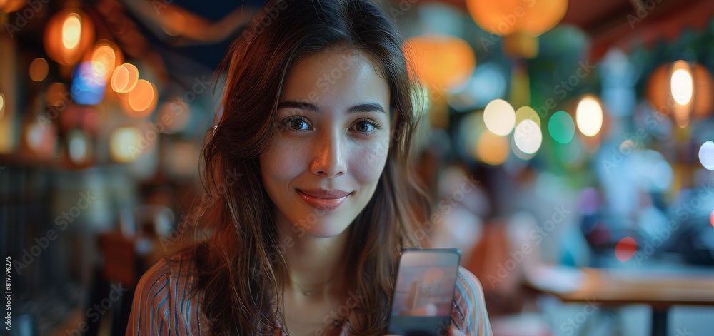 Poster a woman in a bustling cafe joins a video meeting on her smartphone. the background blurs into colorf