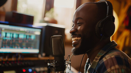 african american radio host presenter speaking into professional microphone wearing headphone in studio - Powered by Adobe