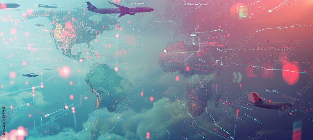 Poster global logistics network integration with digital data points, planes, and cargo containers concept 