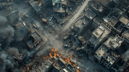 Aerial view of war destroyed city with fire and smoke