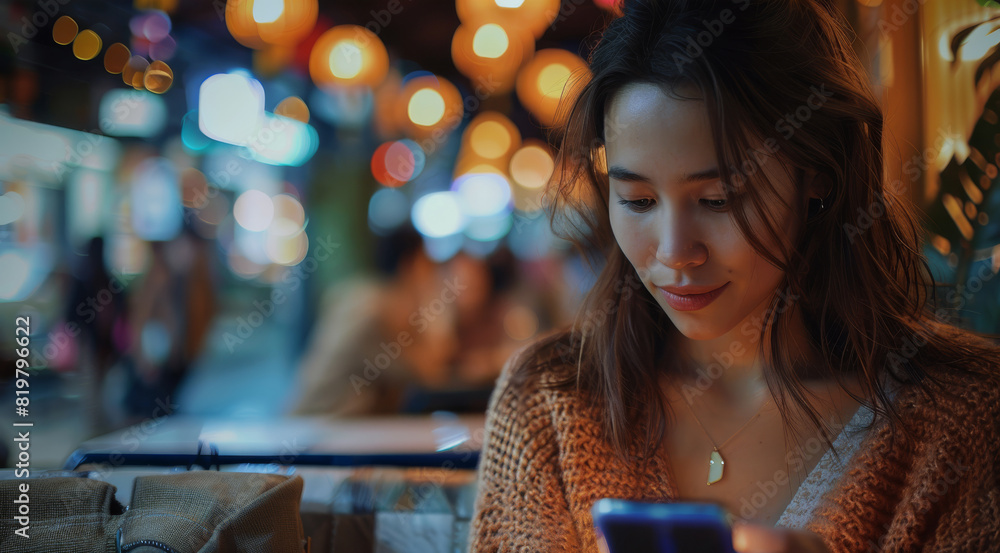 Poster a woman in a bustling cafe joins a video meeting on her smartphone. the background blurs into colorf