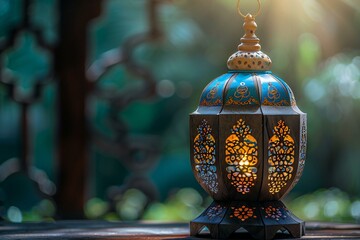 Digital image of islamic wooden lantern in a dark room, high quality, high resolution