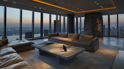 luxurious living room in a skyscraper with floor-to-ceiling windows overlooking the city