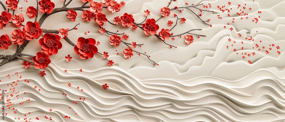 Aufkleber this is a japanese red flower pattern background modern. it includes a wave icon and tree. it can be
