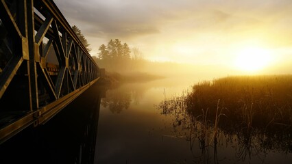 Serene lake illuminated by the early morning sun