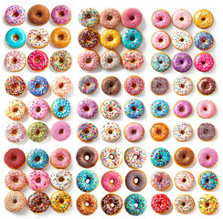 Vibrant array of donuts with colorful sprinkles arranged in rows