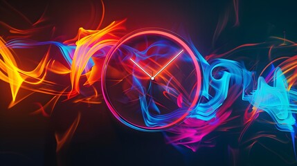 Futuristic clock with glowing neon against a dark background. Time, deadline and technology concept.