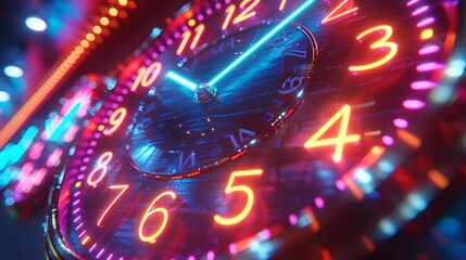 Futuristic clock with glowing neon numbers and hands set against a dark background. Time, deadline and technology concept.