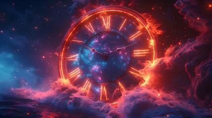 Futuristic clock with glowing neon numbers and hands set against a dark clousy background. Time, deadline and technology concept.