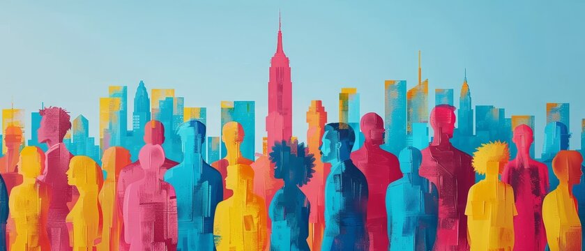 Colorful abstract silhouettes of people standing in front of a metropolitan city skyline with high-rise buildings under a clear blue sky.