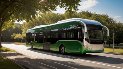 Naklejka premium Modern bus powered by hydrogen fuel cell parked on the street near forest. Zero emission, sustainable transport and travel. Green energy