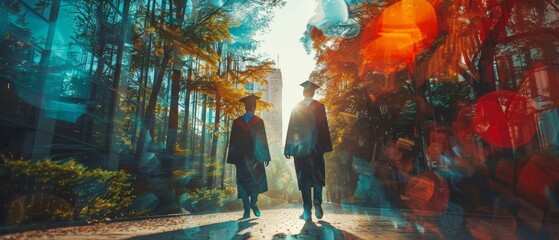 Two graduates walking through a colorful forest campus on graduation day, with vibrant, dreamy colors creating a surreal atmosphere.