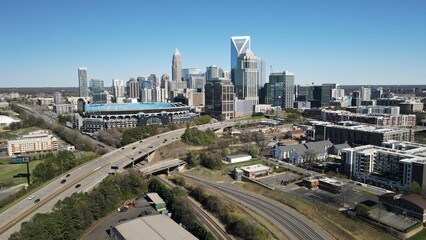 Aerial view of the cityscape of Charlotte in North Carolina, USA on a sunny day