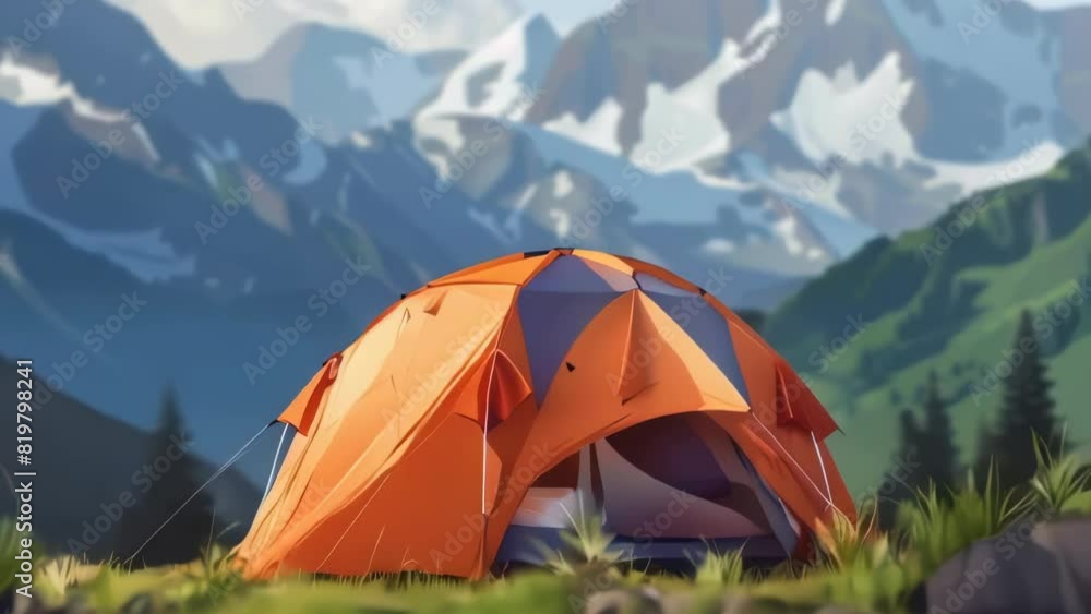 Poster a large orange tent is set up in a grassy field with mountains in the background. concept of adventu