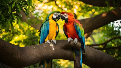 Red and yellow macaw parrots sitting on a tree branch 