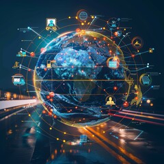 Obraz premium Global Shipping and Logistics Network - Digital Connections Representing Worldwide Trade and Distribution