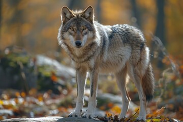 A gray wolf standing in the woods in full view, high quality, high resolution