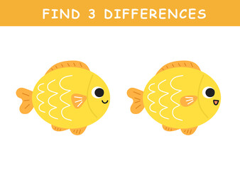 Find 3 differences in illustration. Educational activity with cute fish illustration. Spot difference. Educational fun game for children.	