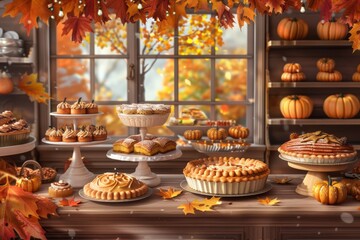 Naklejka premium Cozy Autumn Bakery Scene with Organic Pumpkin Pies and Pastries - Ideal for Fall Celebration Designs
