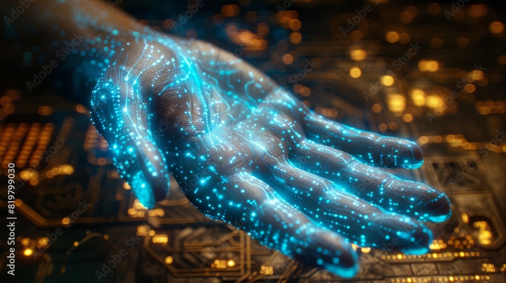 Poster modern of handprint with technological theme, futuristic hand scan
