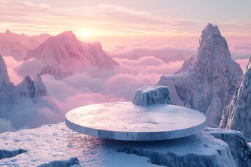 Depicting a  platform with podium in the pink sky and mountains - Powered by Adobe