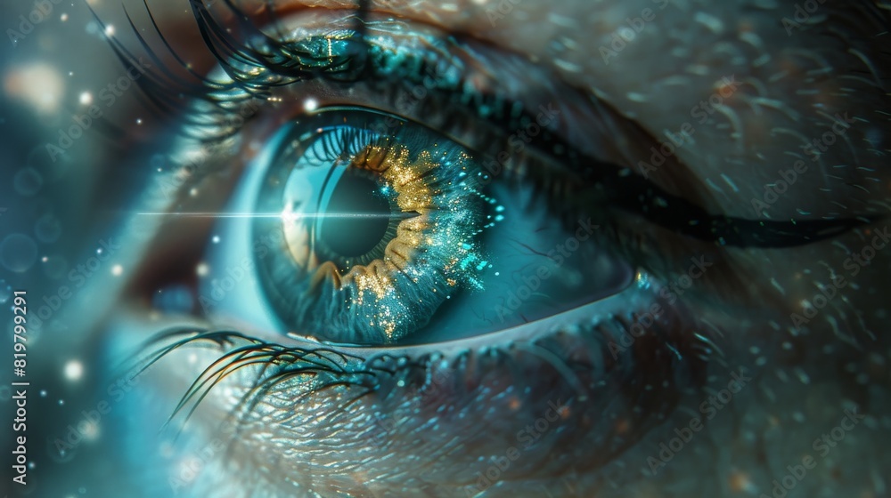 Aufkleber an abstract abstracted digital technology eye in a dark blue-green tone, depicting the concept of cy
