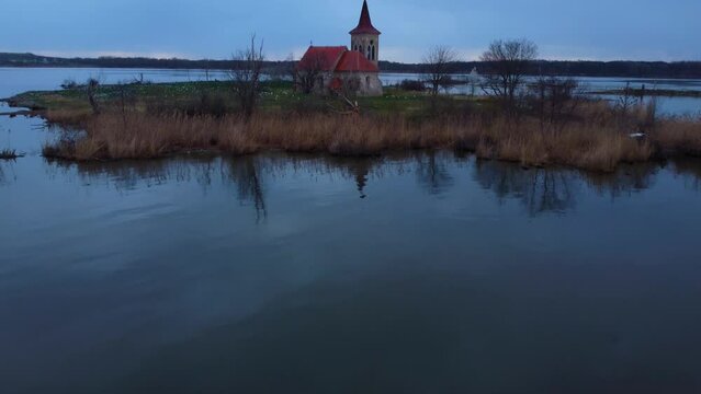 Aerial of the abandoned Saint Leonard church on Musov island in the Czech Republic