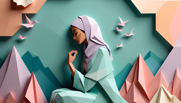 Maternal Mental Health. Muslim mother and child in origami paper art style illustration