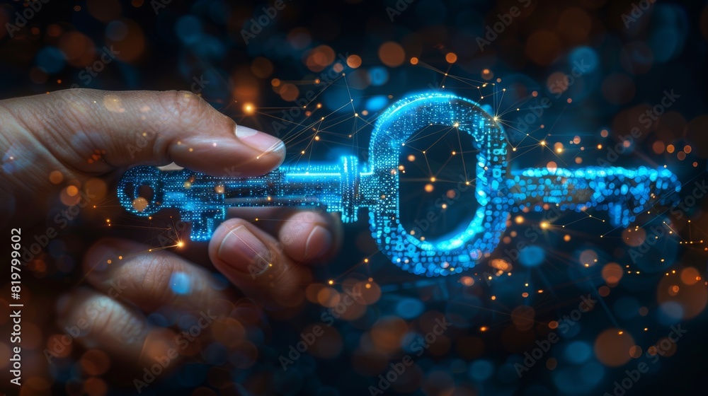 Poster Hand holding wireframe key with dark-blue binary background, digital security concept