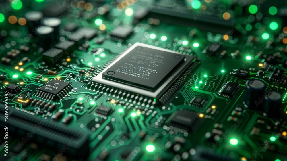 Aufkleber in a dark-green tone, an abstract electronic board and cpu are shown...