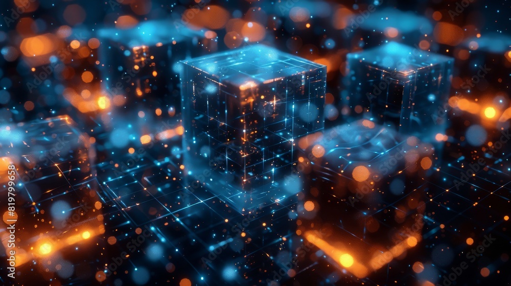 Aufkleber a futuristic blue shiny cubic with a block chain concept