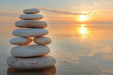 Depicting a  stack of rocks are sitting in front of a lake at sunset