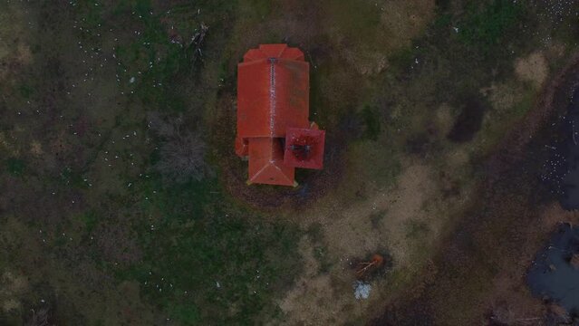 Aerial of the abandoned Saint Leonard church on Musov island in the Czech Republic
