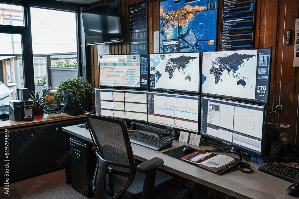 Aufkleber logistics manager's desktop with real-time global shipping data and analytics in a modern high-tech 