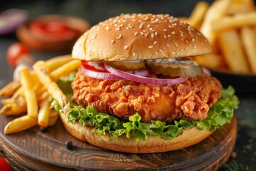 Cheese burger - American cheese burger with Golden French fries on wooden board. Beautiful simple AI generated image in 4K, unique.