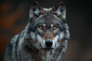 Digital image of the gray wolf has bright yellow eyes, high quality, high resolution