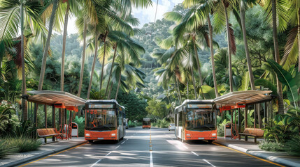 Buses using an ultra-fast electric charging station for touristic buses in a suburban highway road, surrounded by tropical jungle trees. Generative AI.