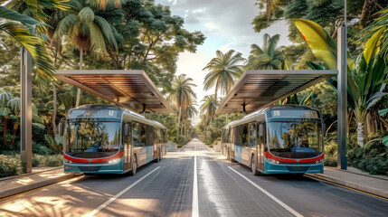 Buses using an ultra-fast electric charging station for touristic buses in a suburban highway road,...