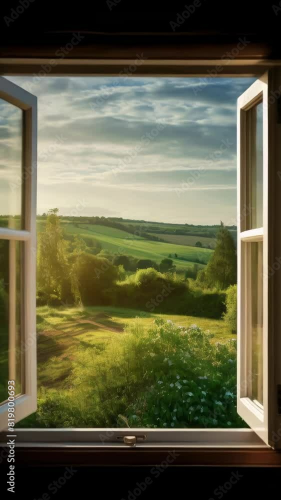 Poster a window with a view of a green field. the sky is cloudy and the sun is shining through the window