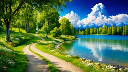 Scenic nature landscape of path near lake