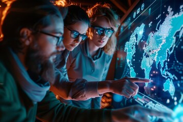 Global Logistics Team Planning Routes with 3D Digital Map Interface for Strategy Development