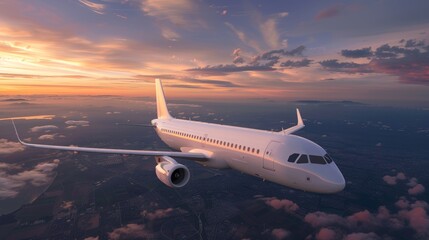 A modern passenger airplane in a sunset panorama