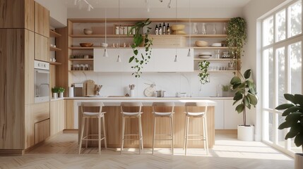 An interior design that is minimalistic and Scandinavian with wooden and white accents