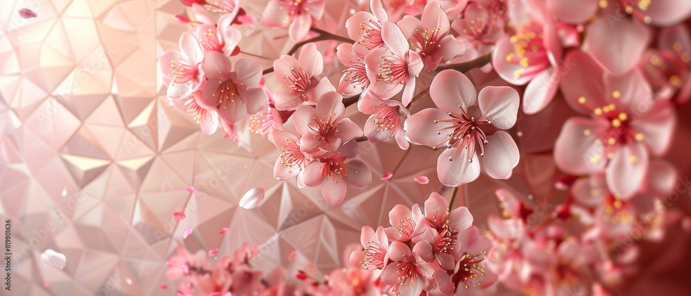 Poster gold and pink geometric background with cherry blossom pattern. nature icons texture for wrapping pa