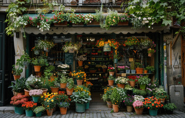 Fototapeta na wymiar A charming flower shop in the streets of Paris, with vibrant flowers and green plants outside its doors, creating an inviting atmosphere for customers