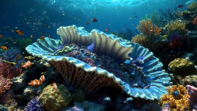 illustration of giant sea shell underwater colorful fish