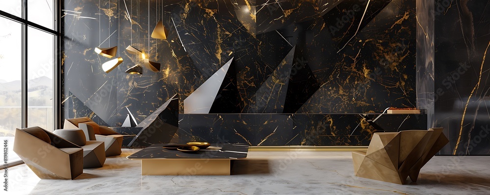 Wall mural luxurious living room with a dramatic feature wall of black and gold marble