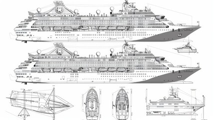 blueprints, drawing of Cruise ship isolated on white background, modern ocean liner